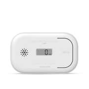 Hvit Housegard karbonmonoksidvarsler med digitalt display som viser 0 ppm