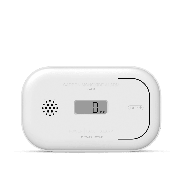 Hvit Housegard karbonmonoksidvarsler med digitalt display som viser 0 ppm
